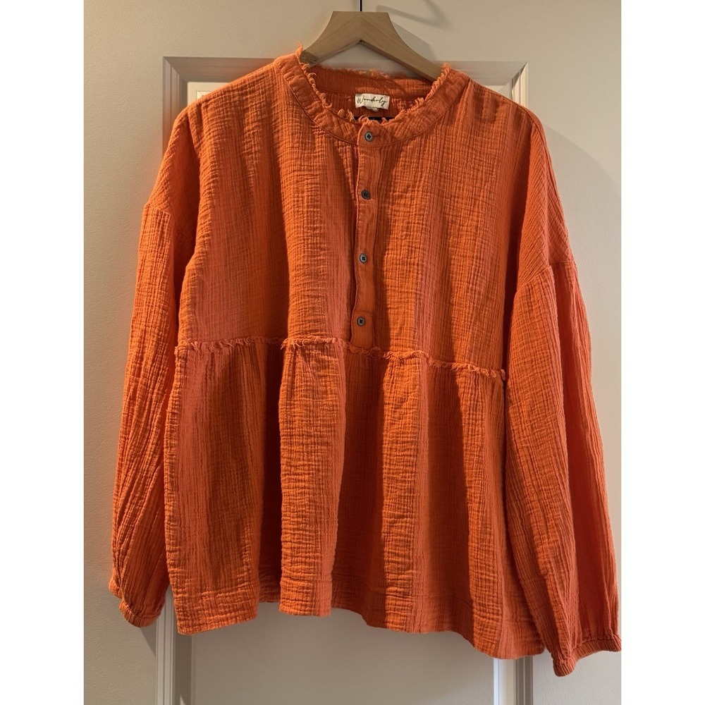 Wonderly XL Orange Gauze Tunic Top Boho Babydoll Peasant Cotton Oversized